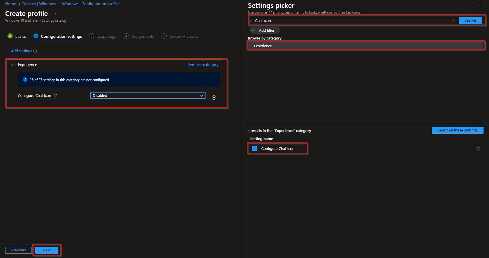 Configuring Chat Icon setting to Disable in Intune